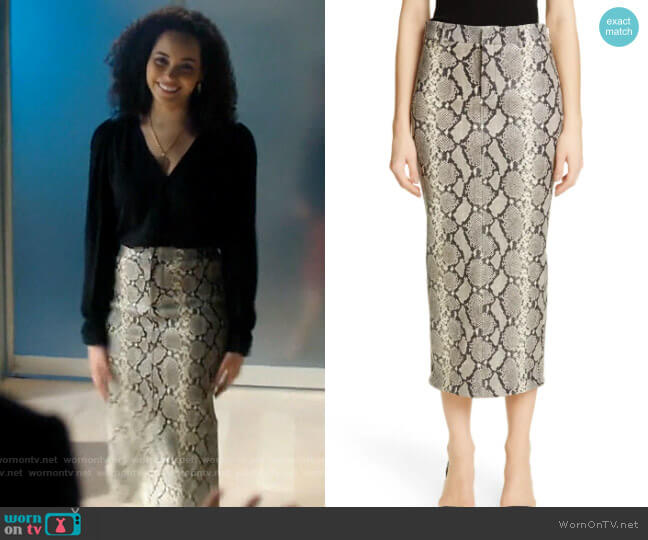 Alexander Wang Snake Embossed Leather Midi Pencil Skirt worn by Macy Vaughn (Madeleine Mantock) on Charmed