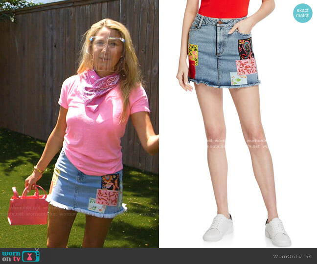 Alice + Olivia Good High-Rise Mini Skirt with Patchwork worn by Kary Brittingham on The Real Housewives of Dallas