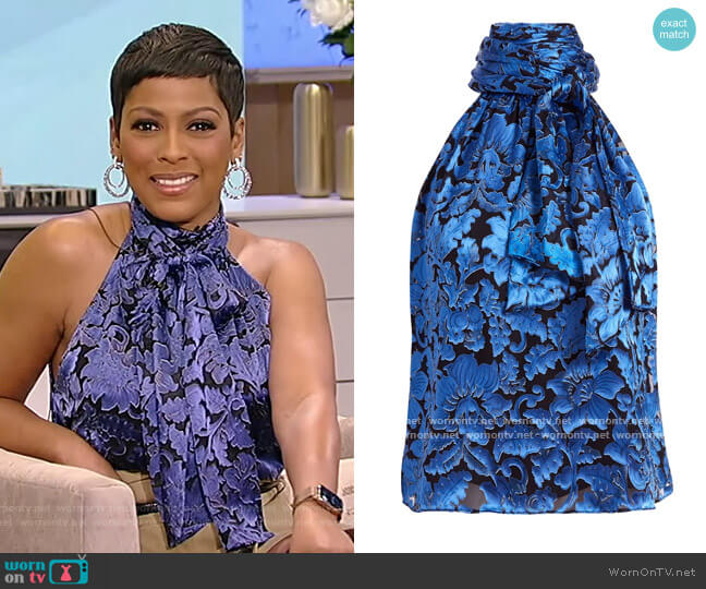 Alice + Olivia Janelle floral print halterneck top worn by Tamron Hall on Tamron Hall Show