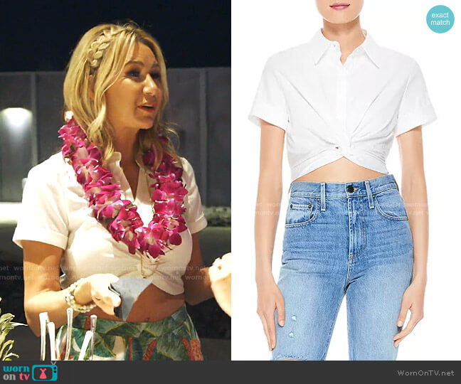 Alice + Olivia Phebe Twist Front Cropped Blouse worn by Kary Brittingham on The Real Housewives of Dallas