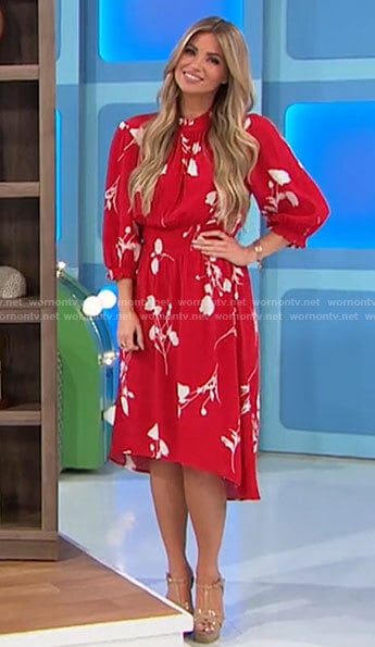 Amber’s red and white floral dress on The Price is Right