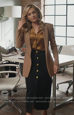 Amy’s black button front skirt on All Rise