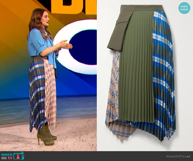 Andersson Bell Paneled asymmetric checked twill, crepe and cotton-canvas skirt worn by Drew Barrymore on The Drew Barrymore Show