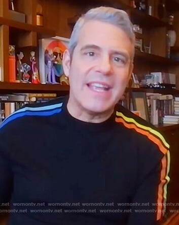 Andy Cohen’s navy stripe sleeve sweater on The Kelly Clarkson Show