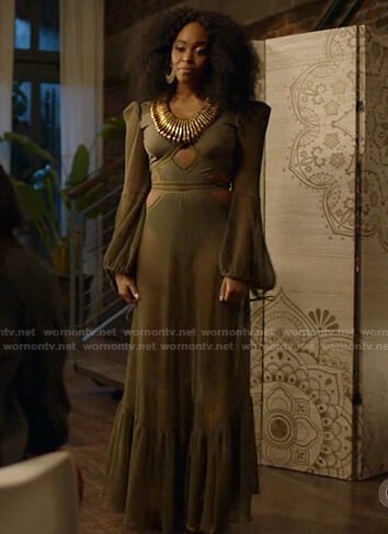 Anissa’s green cutout mesh maxi dress on Black Lightning