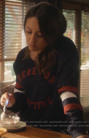 Ana’s blue Halftime sweater with stripes on Grown-ish