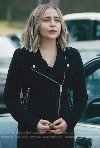 Annie’s black suede moto jacket on Good Girls