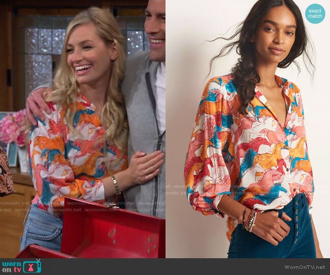 Maeve Pastoral Watercolor Blouse worn by Gemma (Beth Behrs) on The Neighborhood