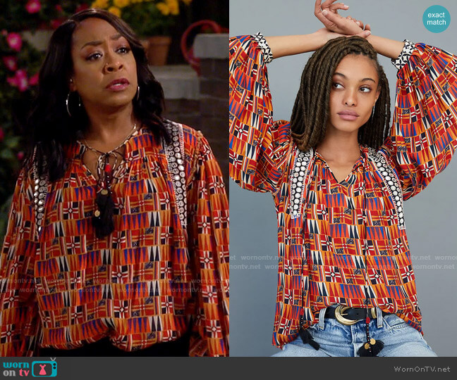 Verb by Pallavi Singhee Yasmeen Embroidered Peasant Blouse worn by Tina Butler (Tichina Arnold) on The Neighborhood