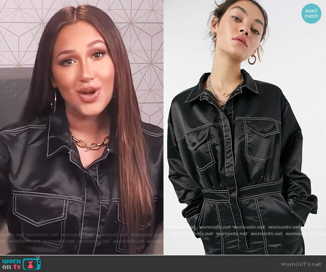 Collusion Satin Jumpsuit with Contrast Stitch in black worn by Adrienne Houghton on The Real