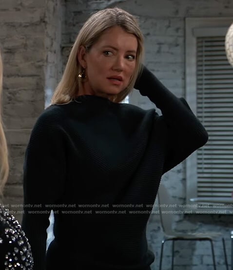 Nina’s green ribbed off shoulder dress on General Hospital