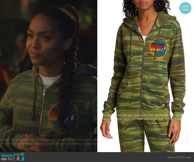 Aviator Nation Camo Zip-Front Hoodie worn by Zoey Johnson (Yara Shahidi) on Grown-ish