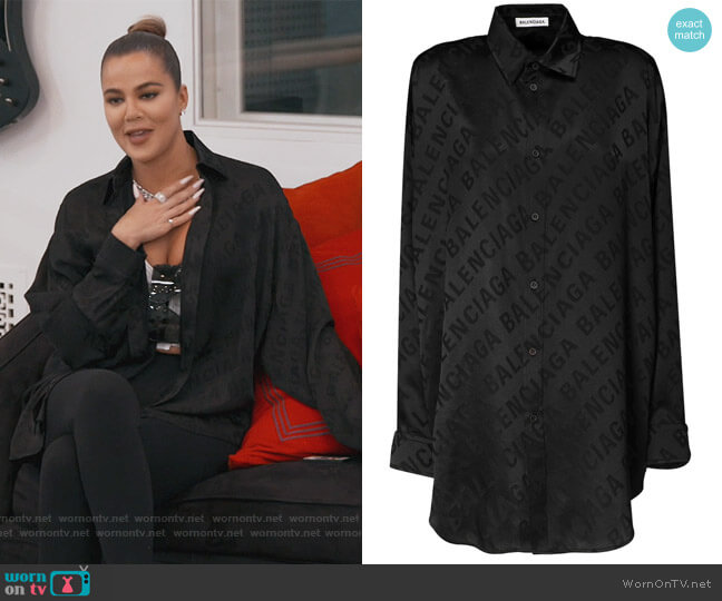 Balenciaga Oversize Logo Jacquard Satin Shirt worn by Khloe Kardashian on Keeping Up with the Kardashians
