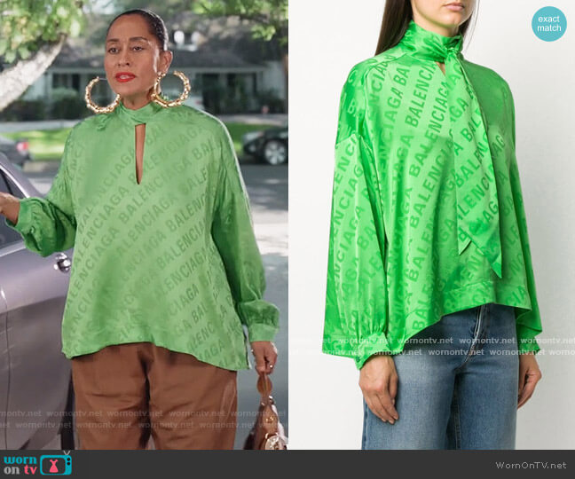 Balenciaga Logo-print Silk Blouse worn by Rainbow Johnson (Tracee Ellis Ross) on Black-ish