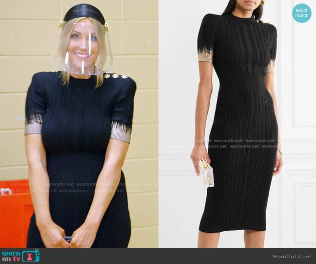 Balmain Button-Embellished Metallic Ribbed Midi Dress worn by Stephanie Hollman on The Real Housewives of Dallas