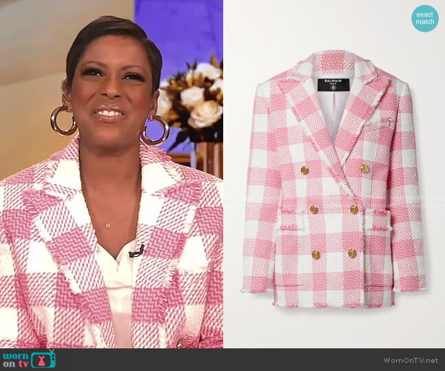 Balmain Double-Breasted Fringed Gingham Tweed Blazer worn by Tamron Hall on Tamron Hall Show