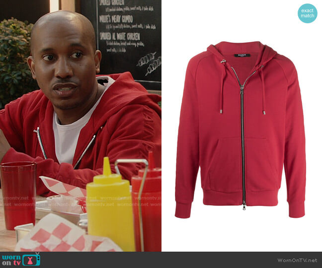 Balmain Embossed logo-panel zipped hoodie worn by Gary Williams (Chris Redd) on Kenan
