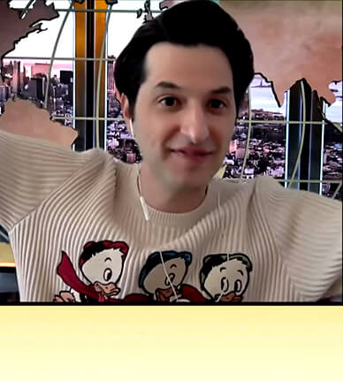 Ben Schwartz’s white ribbed Donald Duck embroidered sweater on The Drew Barrymore Show