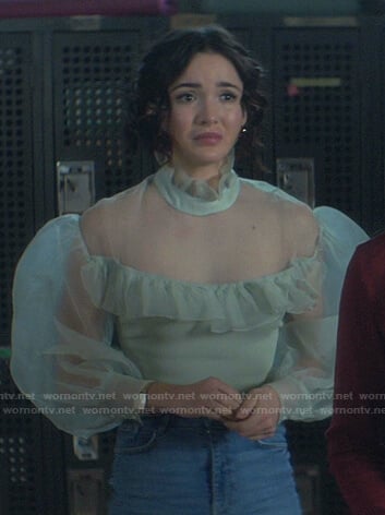 Bess’s green puff sleeve sheer blouse on Nancy Drew