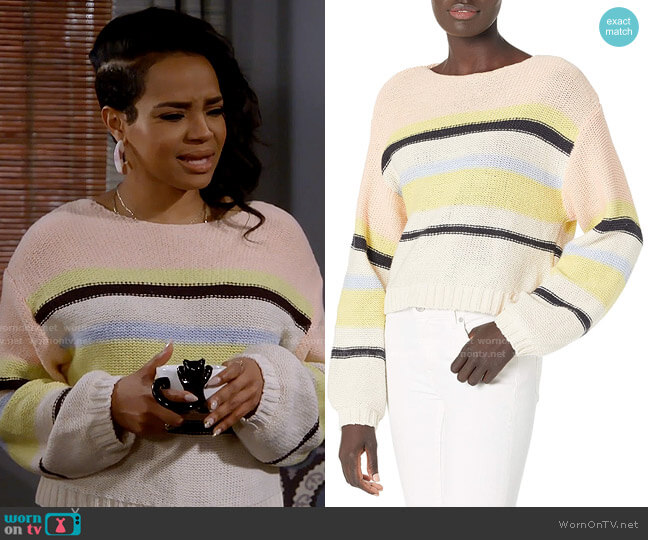 Billabong Seeing Stripes Sweater in Lemongrass worn by Randi (Kyla Pratt) on Call Me Kat