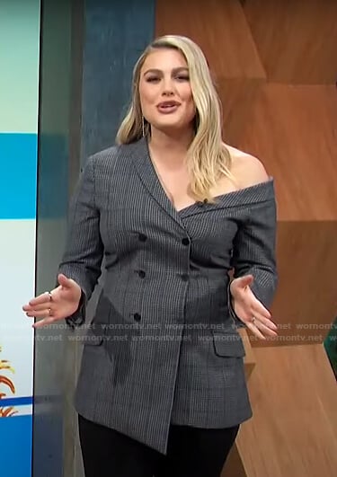 Carissa’s grey check one-shoulder blazer on E! News Daily Pop