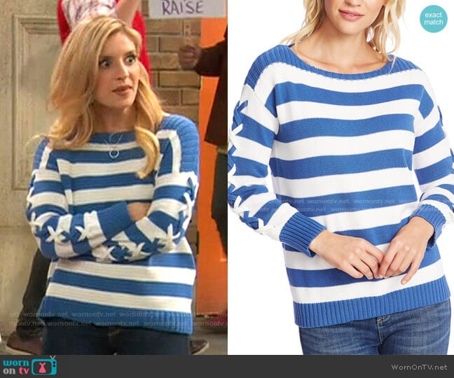 Cece Striped Boat-Neck Sweater worn by Chelsea Grayson (Anneliese van der Pol) on Ravens Home