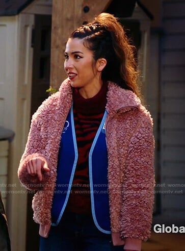 Cheyenne’s red zebra sweater and pink teddy jacket on Superstore