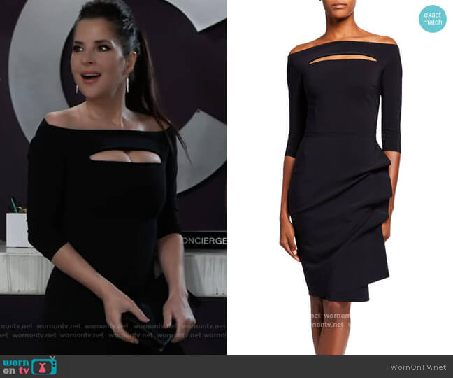 Chiara Boni La Petite Robe Melania Off-the-Shoulder 3/4-Sleeve Dress w/ Front Cutout worn by Sam McCall (Kelly Monaco) on General Hospital