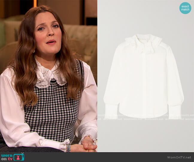 Chloe Ruffle Collar Silk Georgette Blouse worn by Drew Barrymore on The Drew Barrymore Show