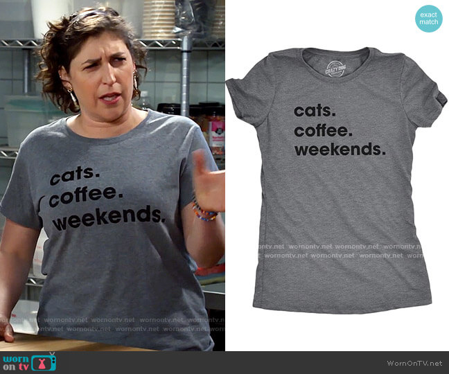 Crazy Dog Tshirts Store Cats Coffee Weekend T Shirt worn by Kat Silver (Mayim Bialik) on Call Me Kat