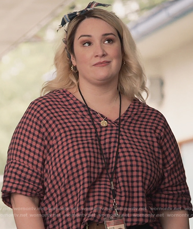 Davia’s pink gingham check top on Good Trouble