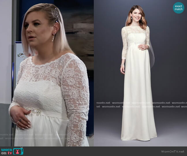 Davids Bridal 3/4 Sleeve Crepe Sheath Maternity Wedding Dress worn by Maxie Jones (Kirsten Storms) on General Hospital