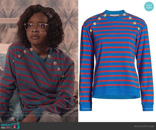 Derek Lam 10 Crosby Lucie Button-Trimmed Stripe Cotton Sweater worn by Diane Johnson (Marsai Martin) on Black-ish