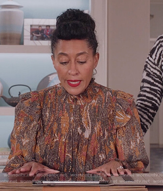 Rainbow’s metallic paisley blouse on Black-ish