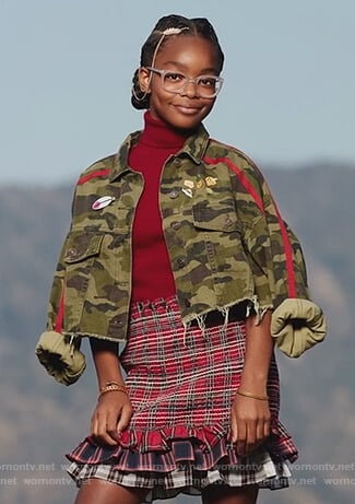 Diane’s camo jacket and red ruffled skirt on Black-ish