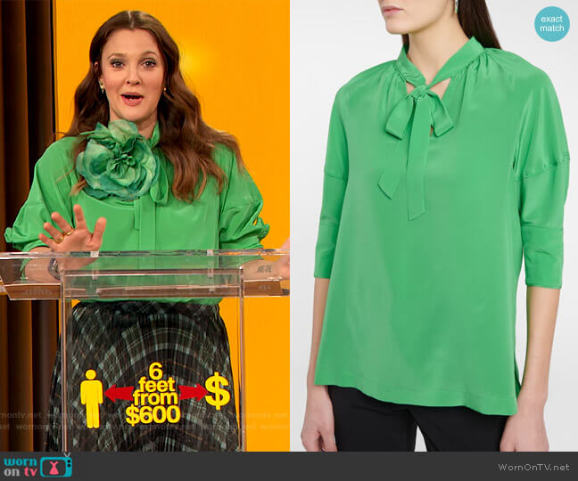 Diane von Furstenberg Lynn silk crepe de chine blouse worn by Drew Barrymore on The Drew Barrymore Show