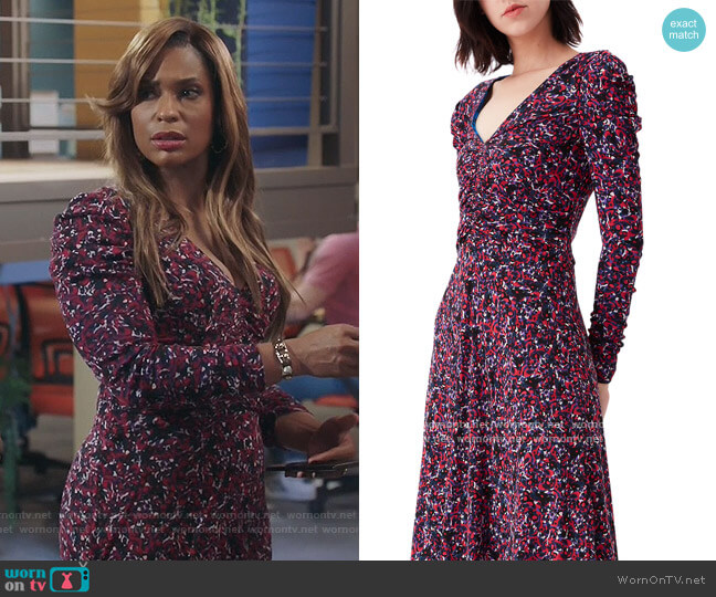 Diane von Furstenberg New Rhea Reversible Ditsy-Print Midi Dress worn by Mika (Kimrie Lewis) on Kenan