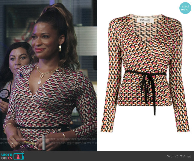 Diane von Furstenberg Geometric Print Merino Wrap Top worn by Mika (Kimrie Lewis) on Kenan