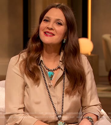 Drew’s beige button down shirt and pants on The Drew Barrymore Show