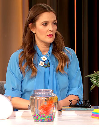 Drew’s blue tie neck blouse and patchwork skirt on The Drew Barrymore Show