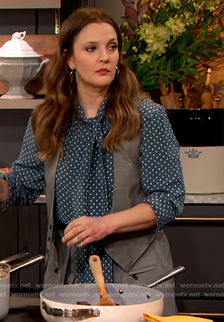 Drew’s blue polka dot blouse and vest on The Drew Barrymore Show