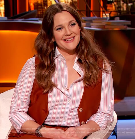 Drew’s stripe button down shirt and vest on The Drew Barrymore Show