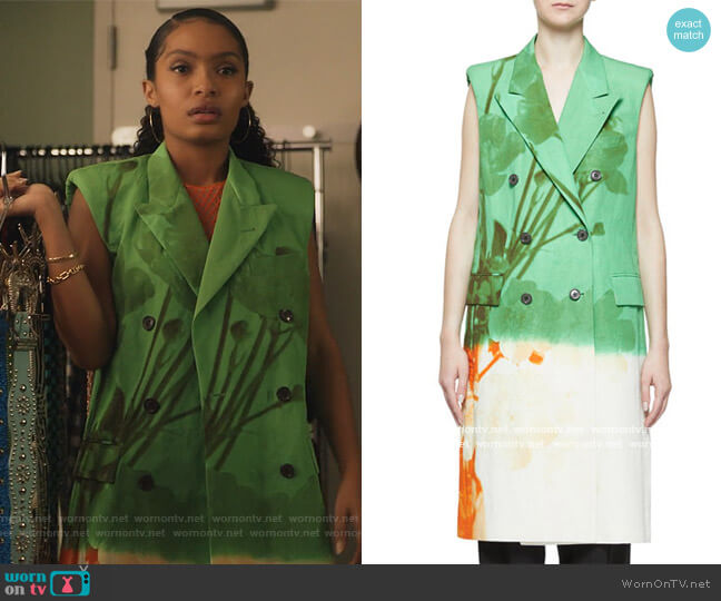 Dries Van Noten Cherry Blossom-Printed Double-Breasted Long Vest worn by Zoey Johnson (Yara Shahidi) on Grown-ish