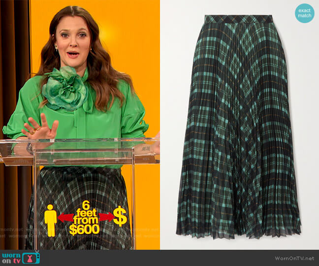 Dries Van Noten Pleated checked crepe midi skirt worn by Drew Barrymore on The Drew Barrymore Show