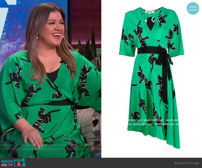 Diane von Furstenberg Panther Print Wrap Blouse worn by Kelly Clarkson on The Kelly Clarkson Show