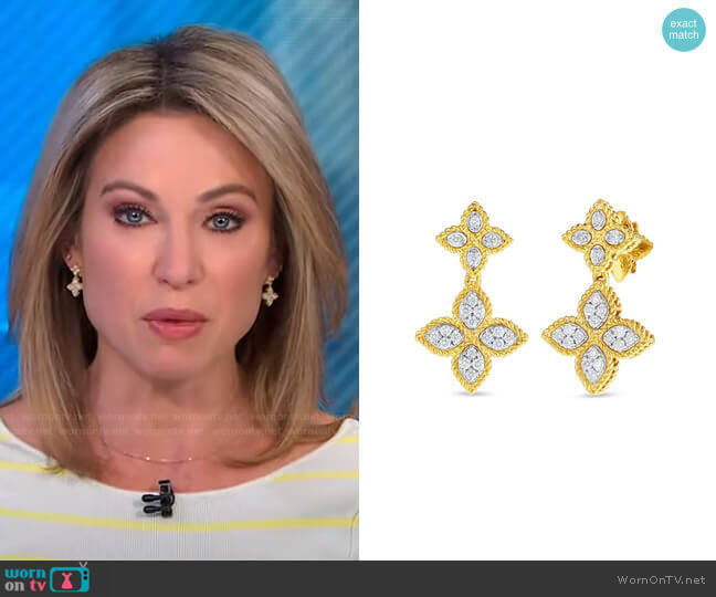 Roberto Coin Princess Flower Yellow Gold Diamond Double Drop Earrings worn by Amy Robach on Good Morning America