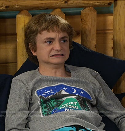 Finn’s grey Farout National Park tee and shark print pajama pants on Bunkd