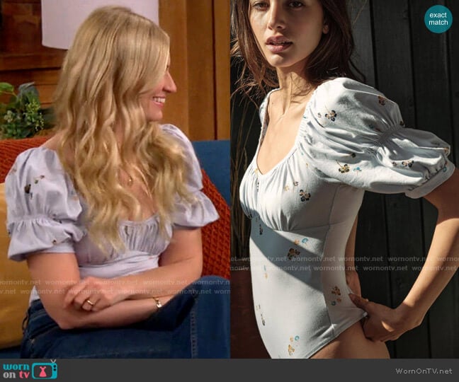 Free People Play Date Bodysuit in Bluebird Combo worn by Gemma (Beth Behrs) on The Neighborhood