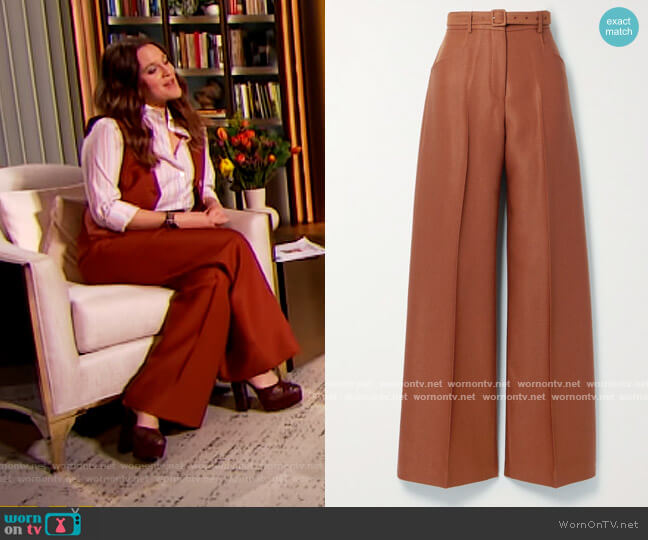 Gabriela Hearst Norman belted wool and silk-blend twill wide-leg pants worn by Drew Barrymore on The Drew Barrymore Show