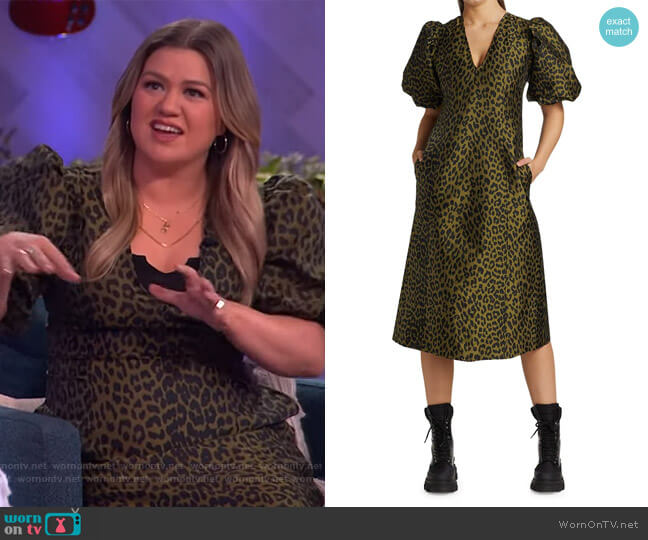 Ganni Puff-sleeve leopard-jacquard midi dress worn by Kelly Clarkson on The Kelly Clarkson Show